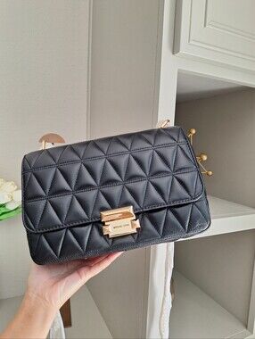 NWT MICHAEL KORS Sloan Large Quilted Leather Shoulder Bag Black Gold
